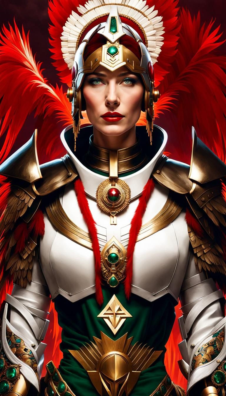 Cybernetic Knight with Aztec Headdress in Battlefield