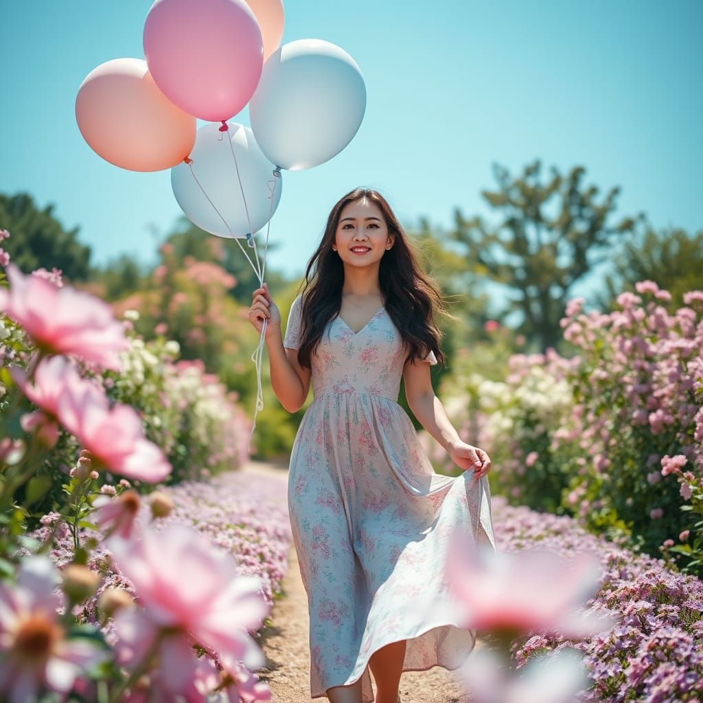 Woman in Pastel Flower Garden with Balloons