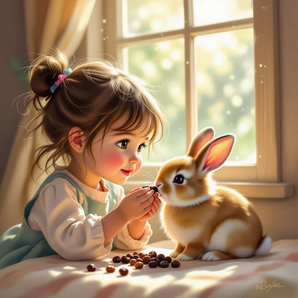 Girl Feeding Rabbit Raisins, Gentle Children's Book Illustra...