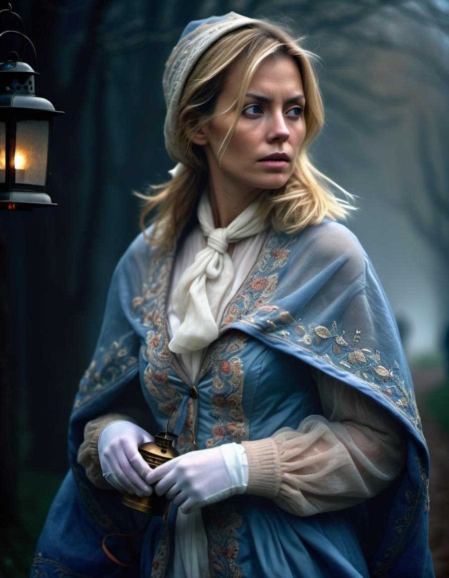 Atmospheric Portrait of Woman with Lantern in Mist