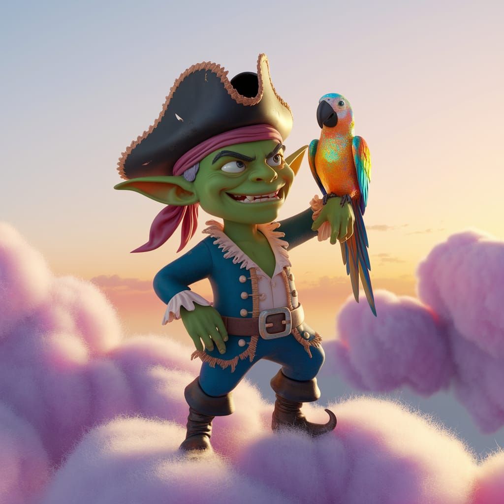 Goblin Pirate with Parrot on Cloud in 3D Render