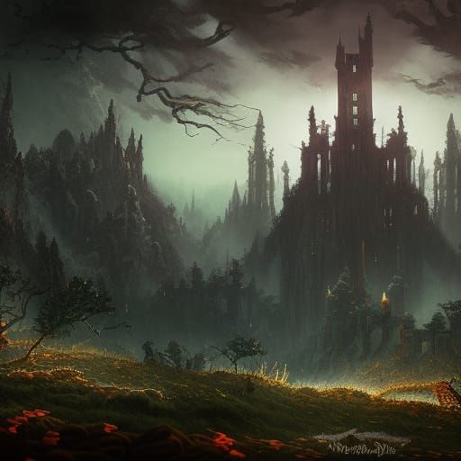 Dark Castle in Forest Night: Detailed Matte Painting