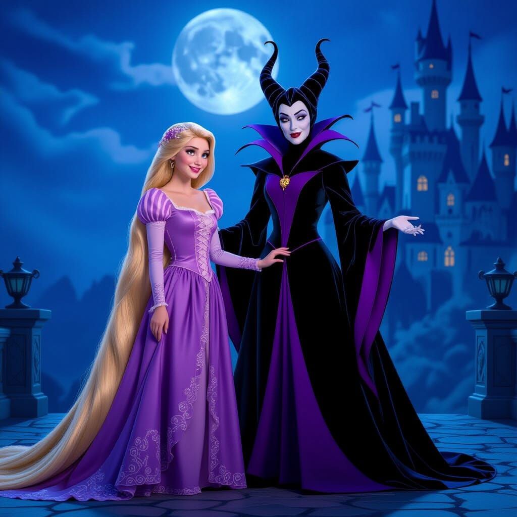 Rapunzel and Elegant Villain in Moonlit Castle