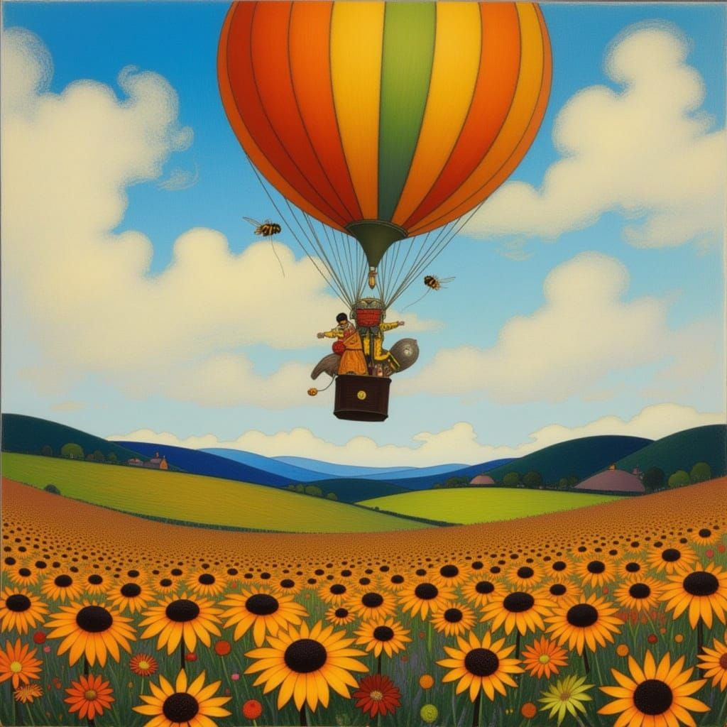 Whimsical Hot Air Balloon Character Over Flower Field