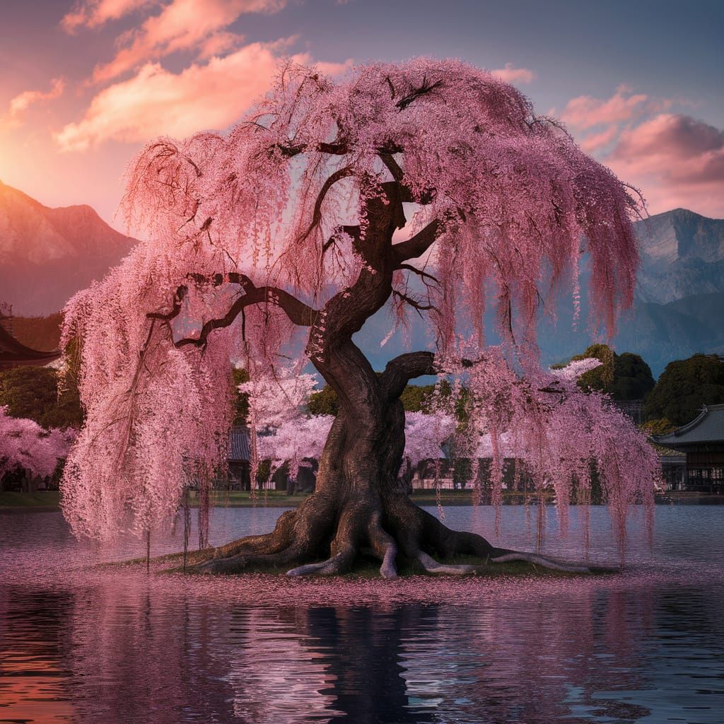 Majestic Sakura Tree at Lake with Japanese Temple