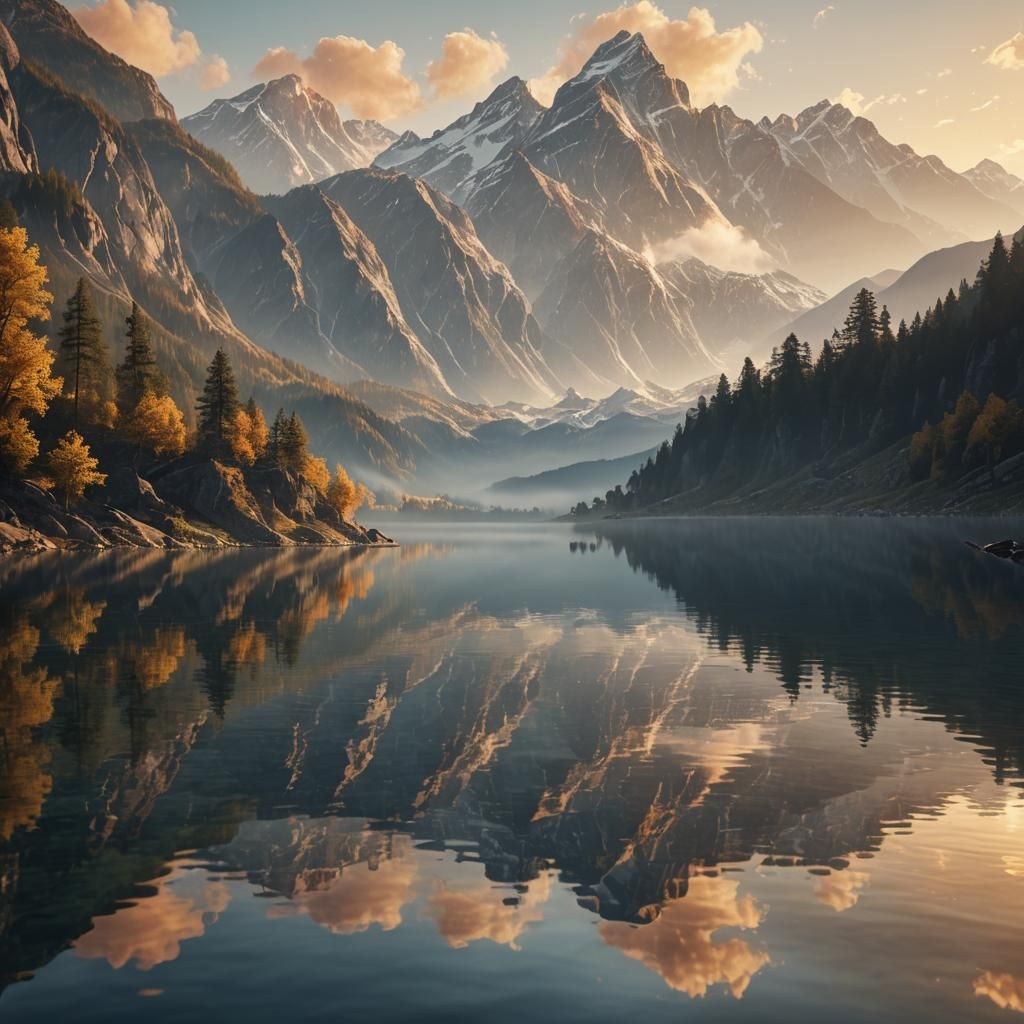 Majestic Mountains Reflected: Hyper-Realistic Digital Art