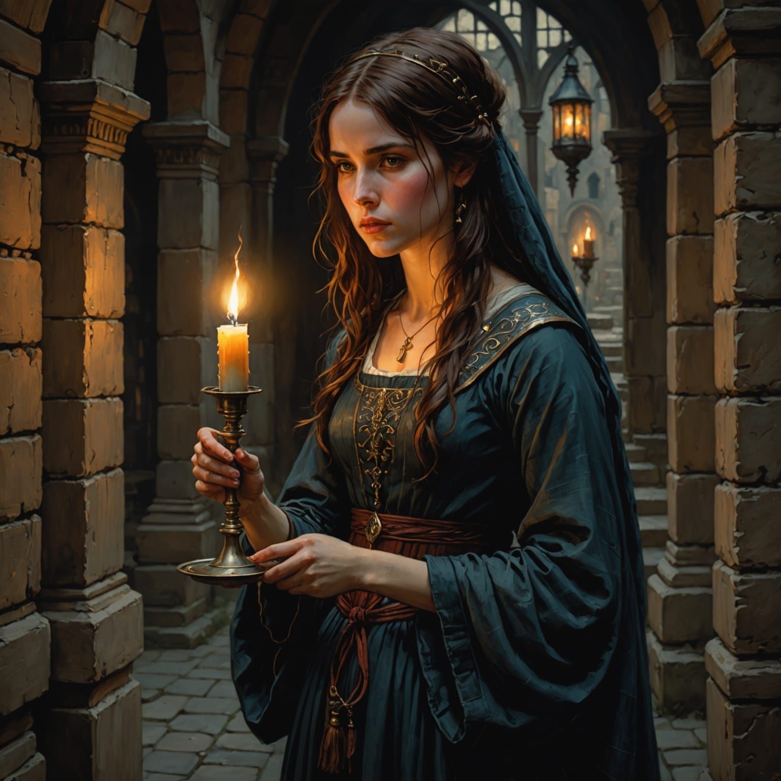 Ethereal Lady Illuminated by Candlelight in a Majestic Castl...
