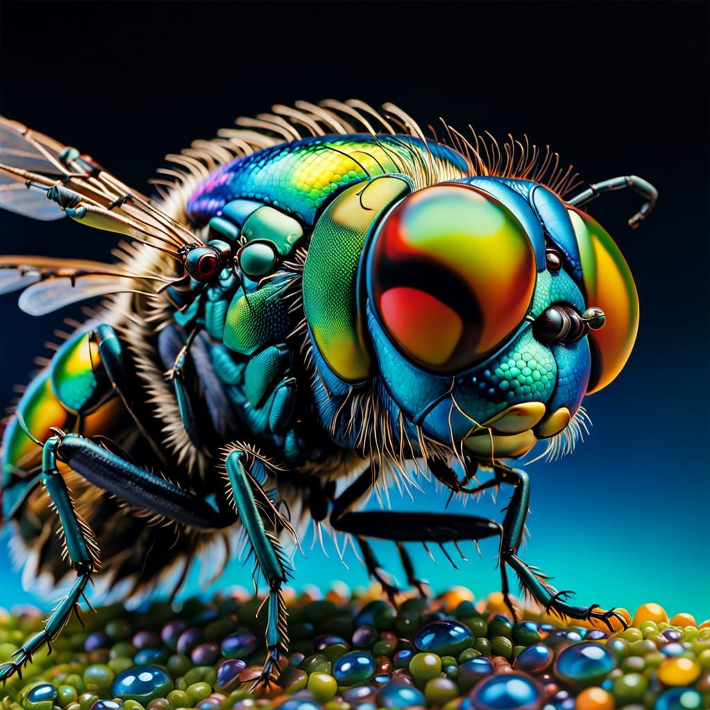 Hyper-Realistic Iridescent Fly Eyes in a Dreamlike Landscape