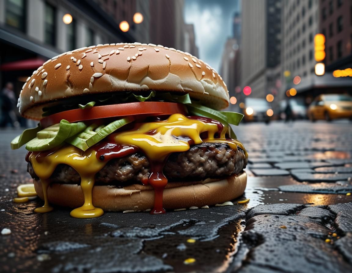 Juicy Burger Melts on Grimy NYC Sidewalk