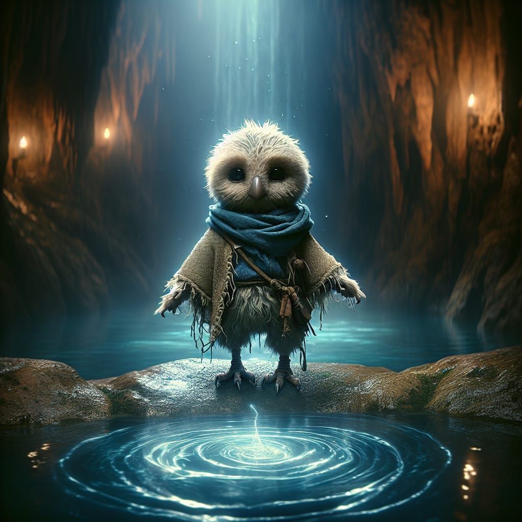 Cinematic Eagle Humanoid Adventurer in Mystical Caverns