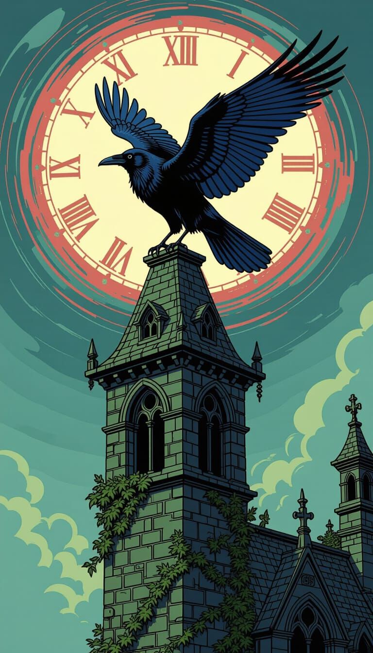 Raven with Clockwork Wings on Gothic Tower