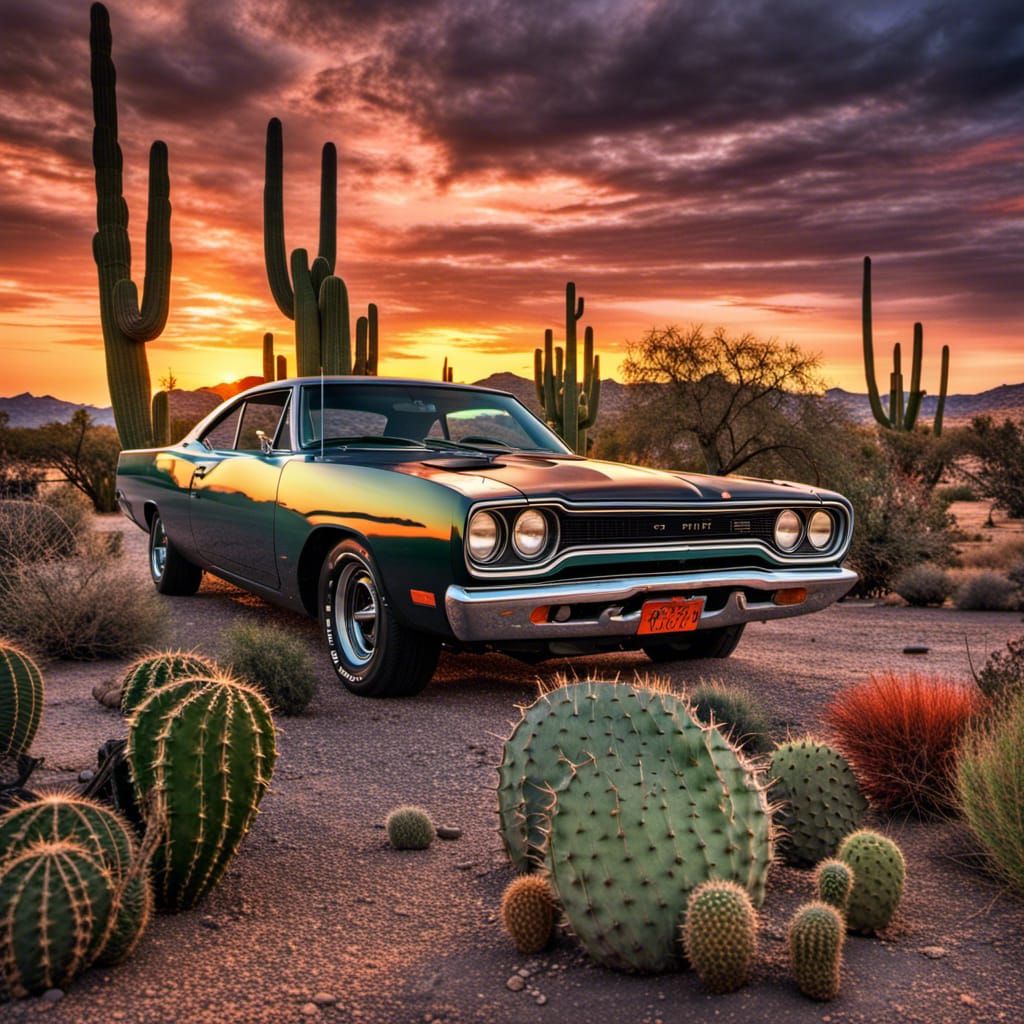 1970 Roadrunner at Desert Sunset in Hyperrealism