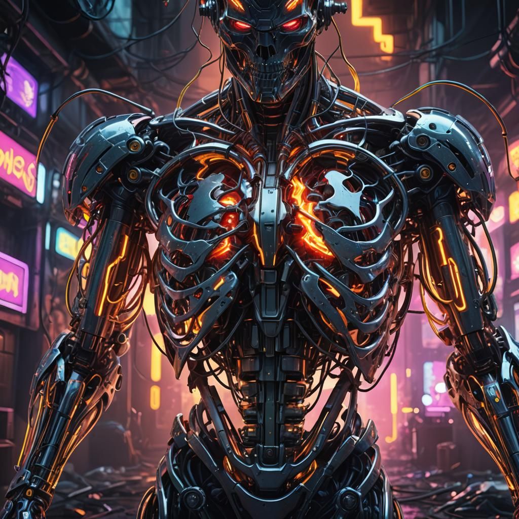 Neon Android Heart Recharging: Digital Art