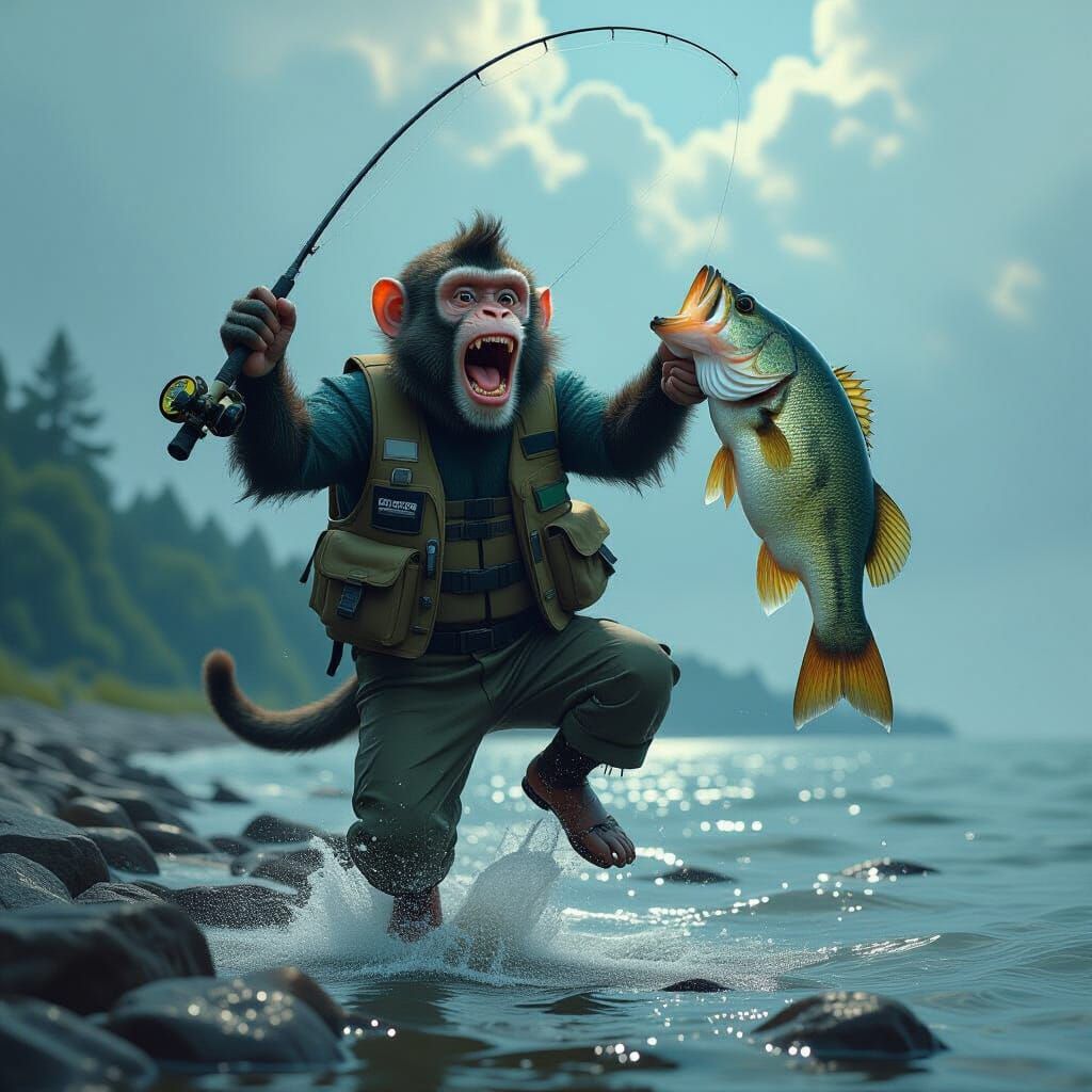 Monkey Jumps with Bass in Hyperrealistic Scene