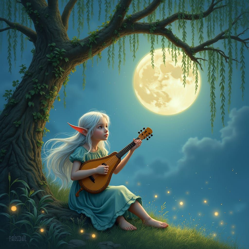 Making music at night under the full moon and a tree