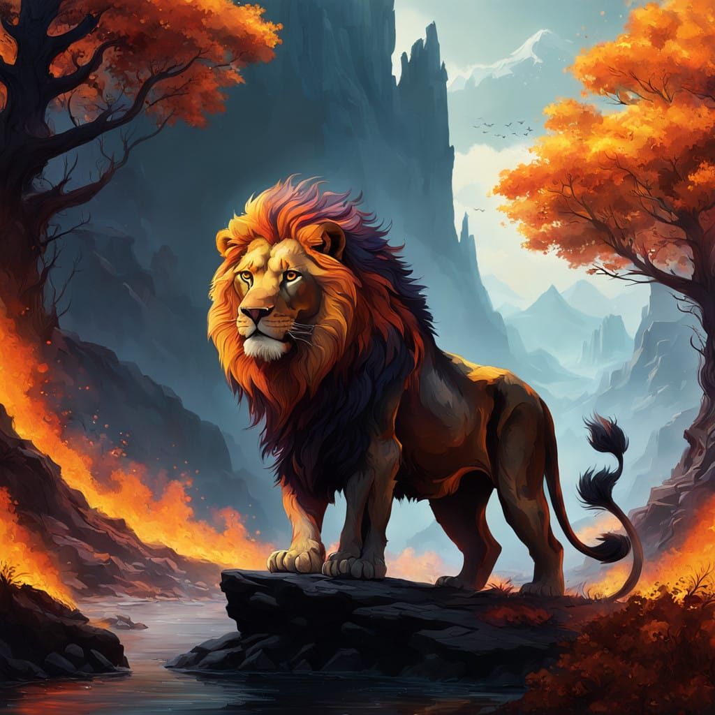 Majestic Lion Enveloped in Flames in Cyberpunk Style