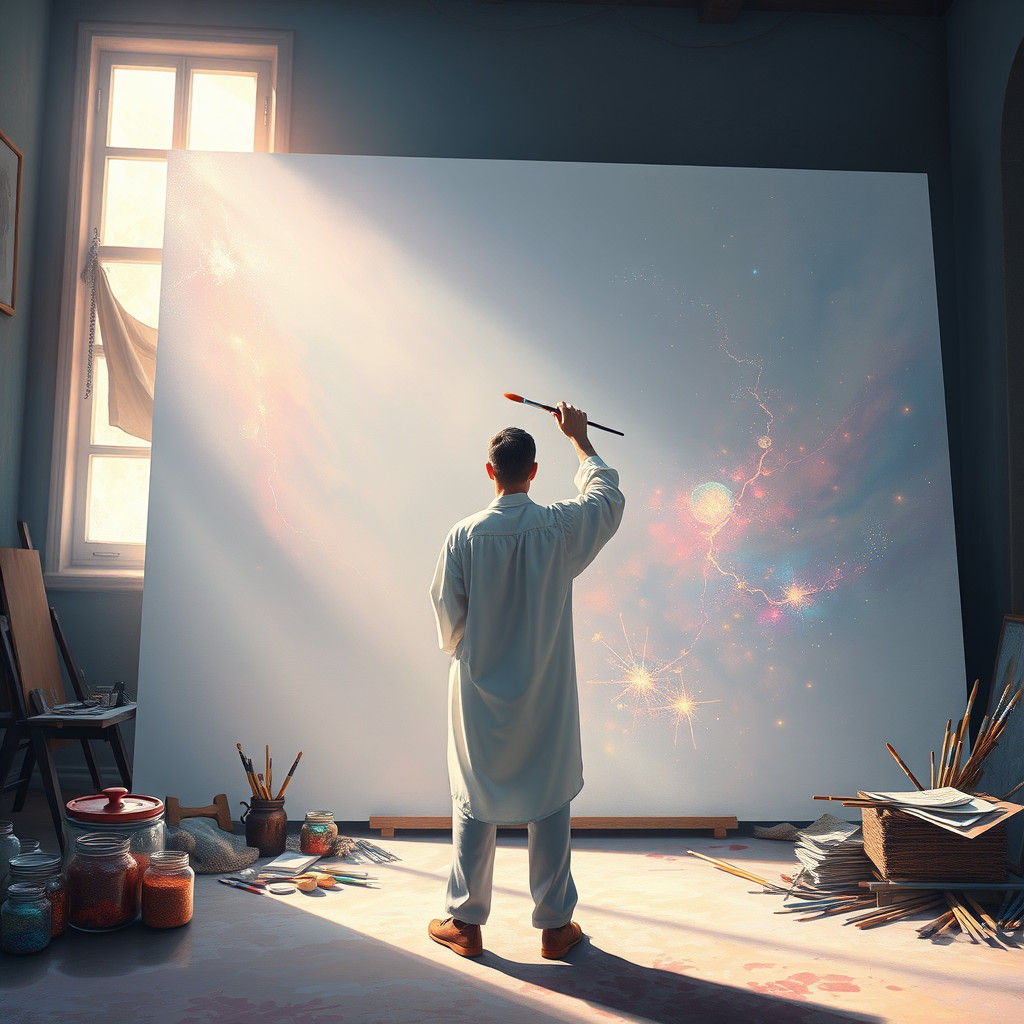 Artist Contemplates Canvas in Dreamlike Studio