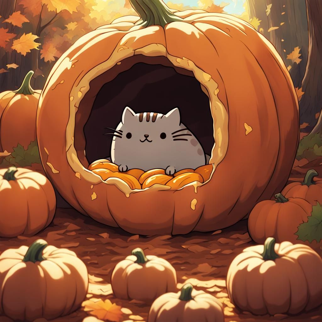 Pusheen in a Pumpkin Donut House, Anime Style