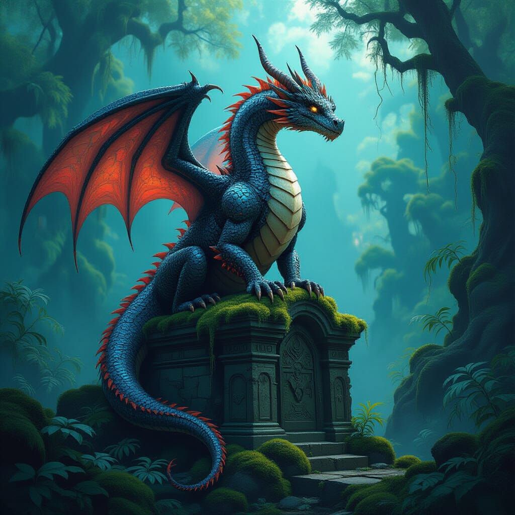 Techno-Dragon on Ruin in Bioluminescent Forest