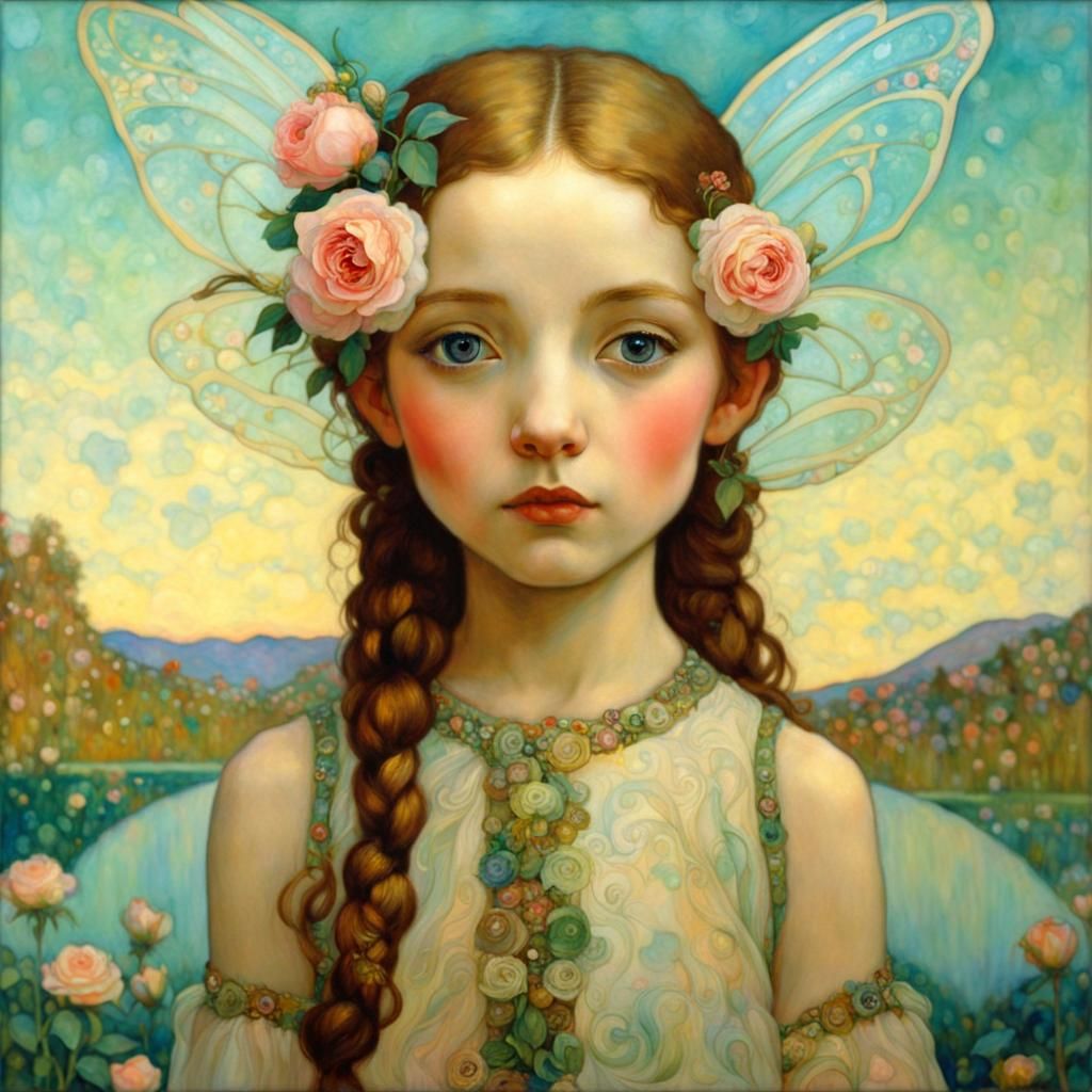 Flower Fairy with Roses in Art Nouveau Style