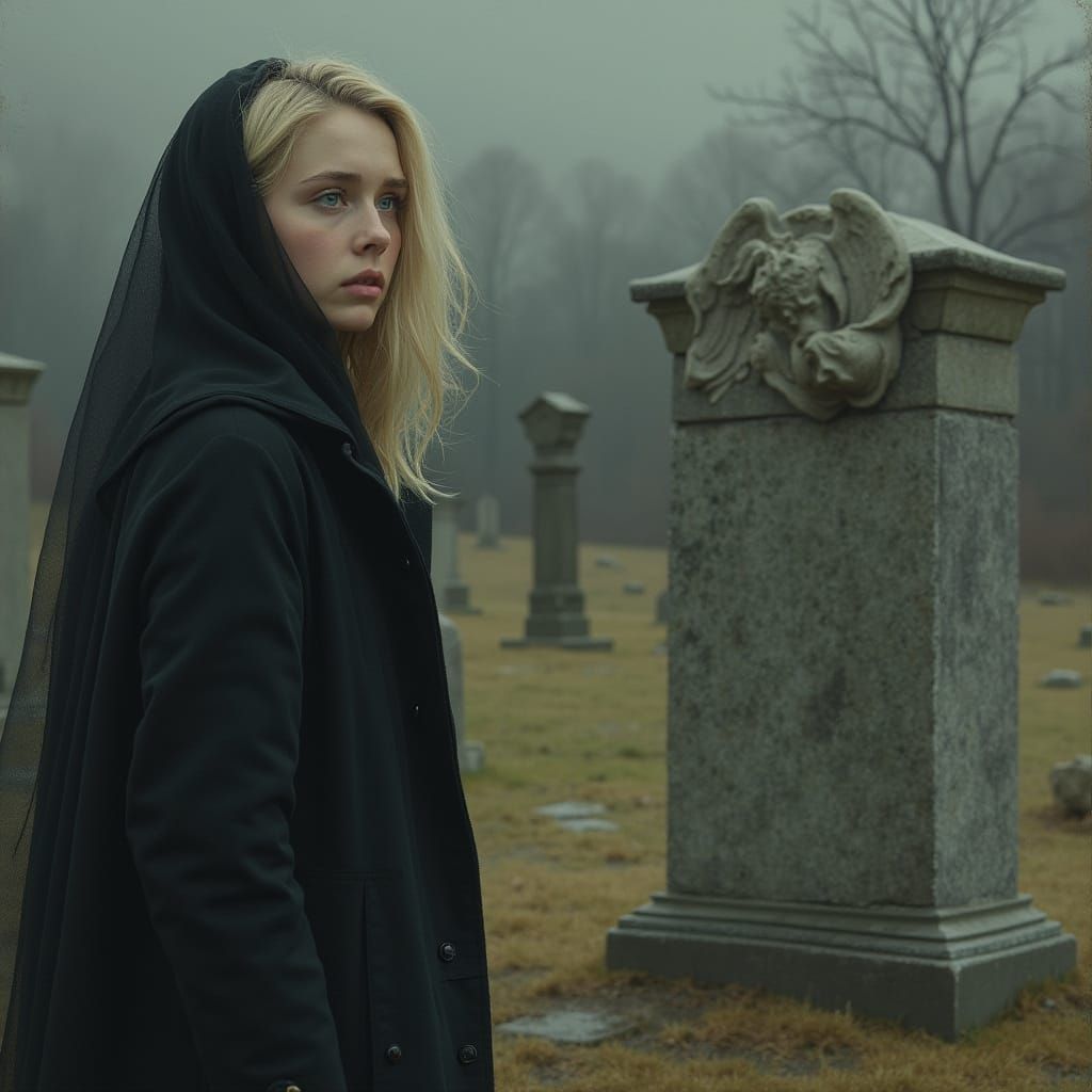 Molly at Burial Plot in Somber Realism Style