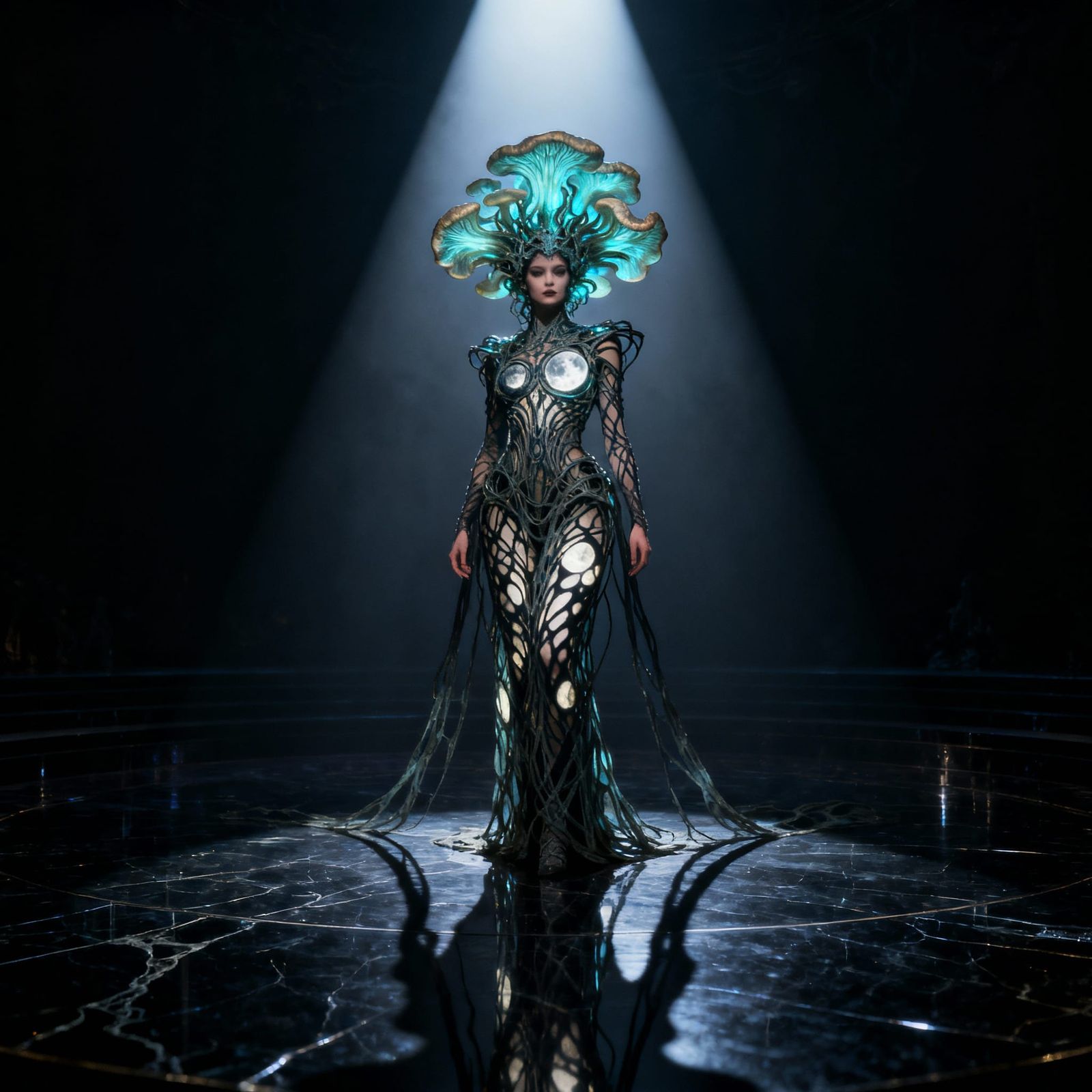 A majestic showgirl with a headdress made of shimmering, bioluminescent fungi, standing on a stage made of polished obsi...