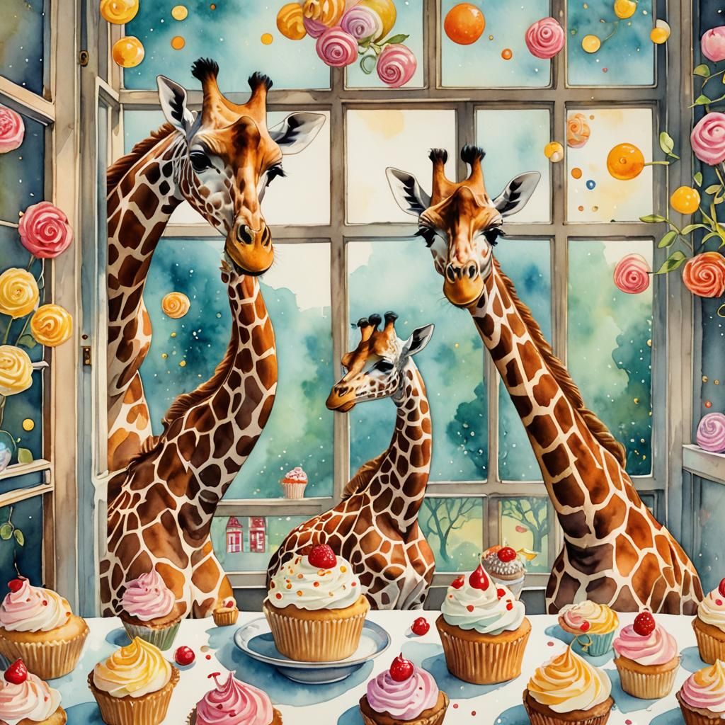 Giraffes Steal Cupcakes: Whimsical Watercolor Illustration