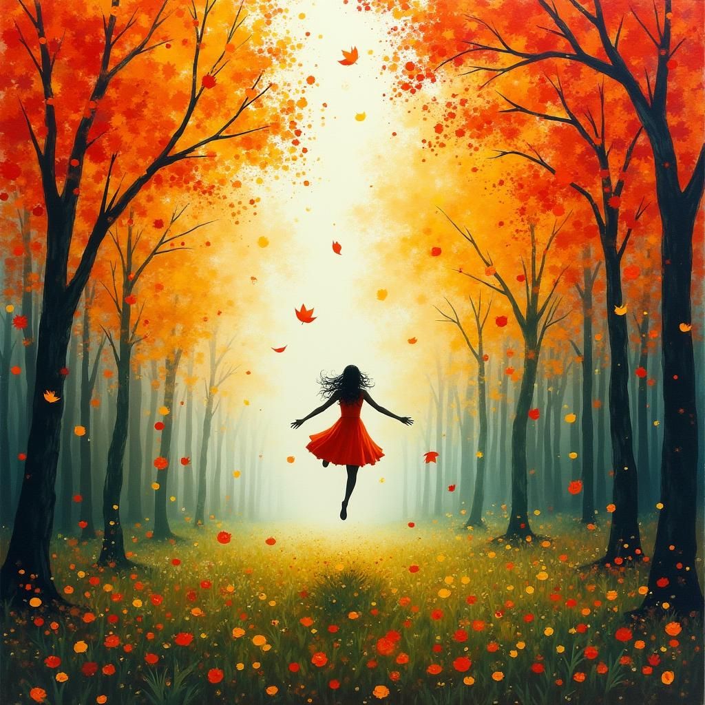 Autumnal Descent: Gouache Painting of Changing Seasons