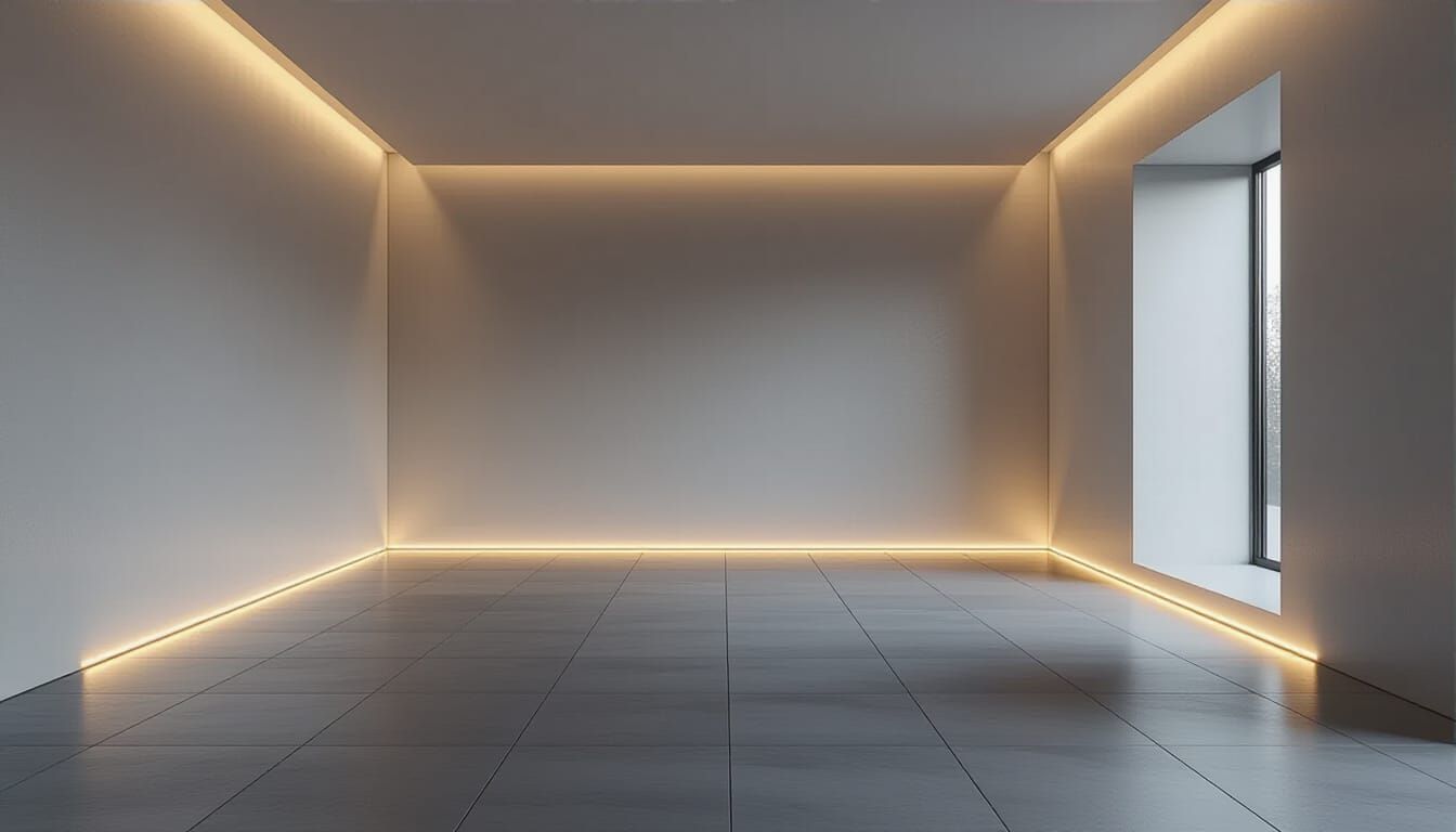 A realistic and detailed empty room with smooth gray walls a...