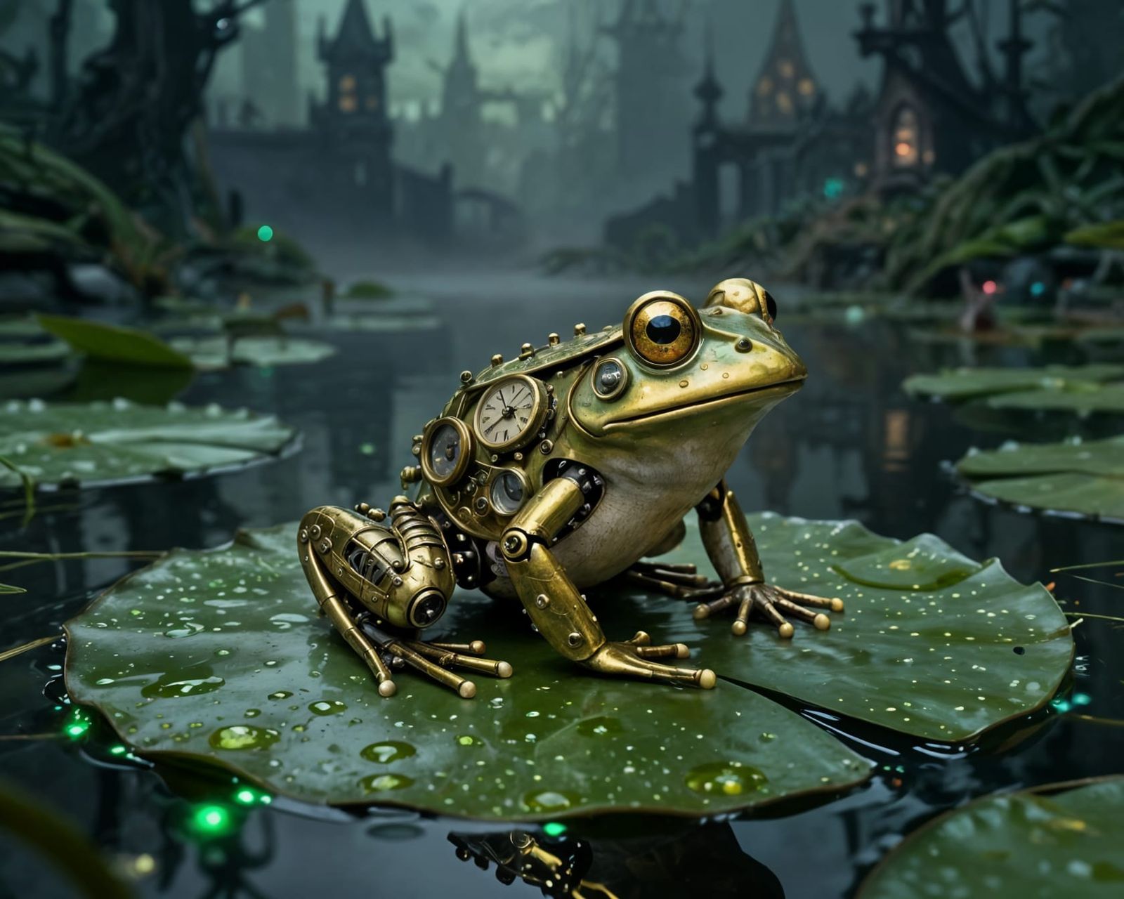 Clockwork Frog Automaton in Dark Fantasy Pond