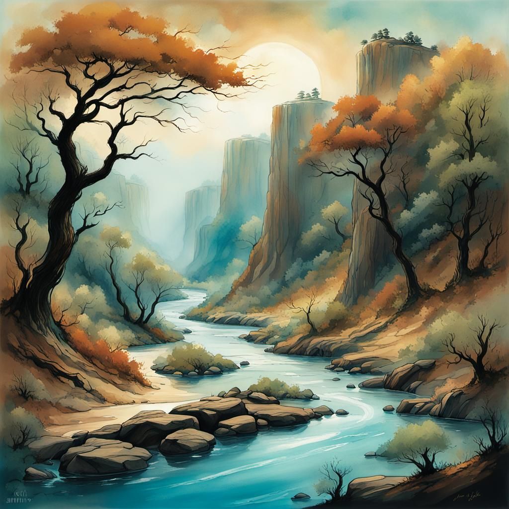 Monochrome Canyon River Landscape in Ghibli Style