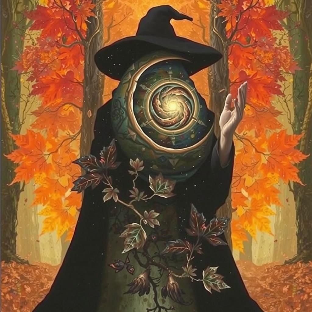 Autumn Spellcaster Conjuring Galaxy Portal as Collage