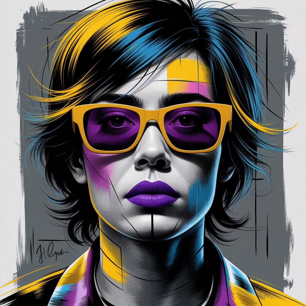 Expressive Portrait with Yellow Sunglasses in Watercolor Sty...