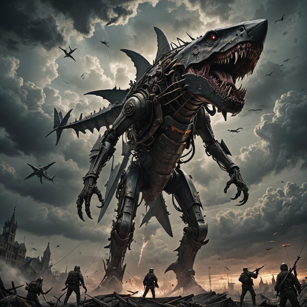 Mutated Sky Shark with Zombie Rider in Dark Fantasy