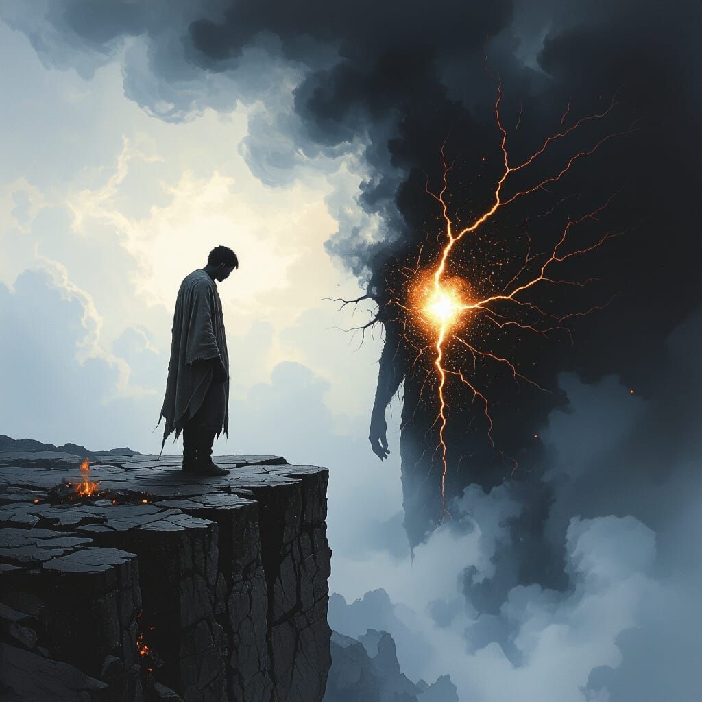 Man's Cracked Chest Reveals Glowing Void on Dark Cliff