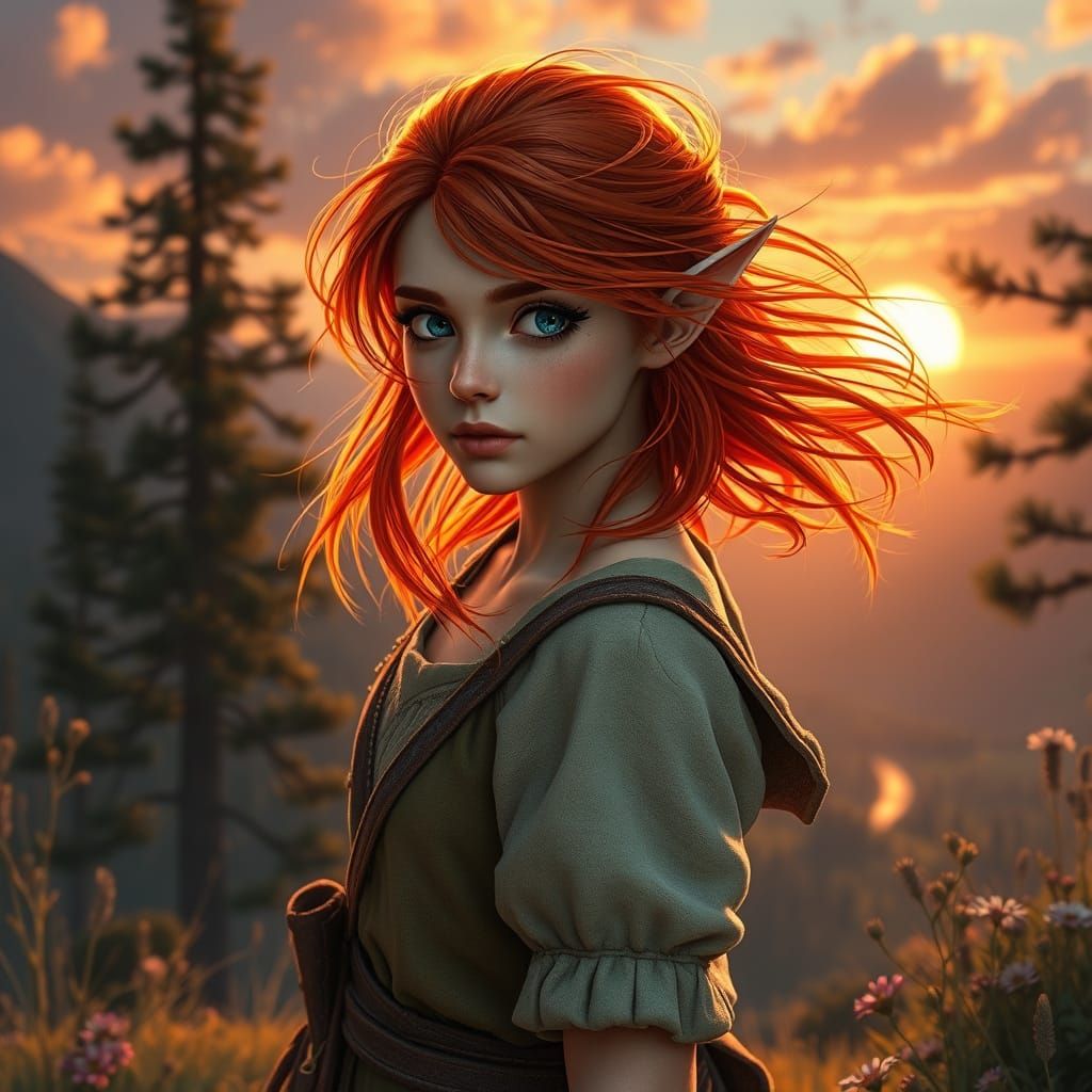 Red-Haired Elf Overlooking Valley in Hyperdetailed Fantasy A...
