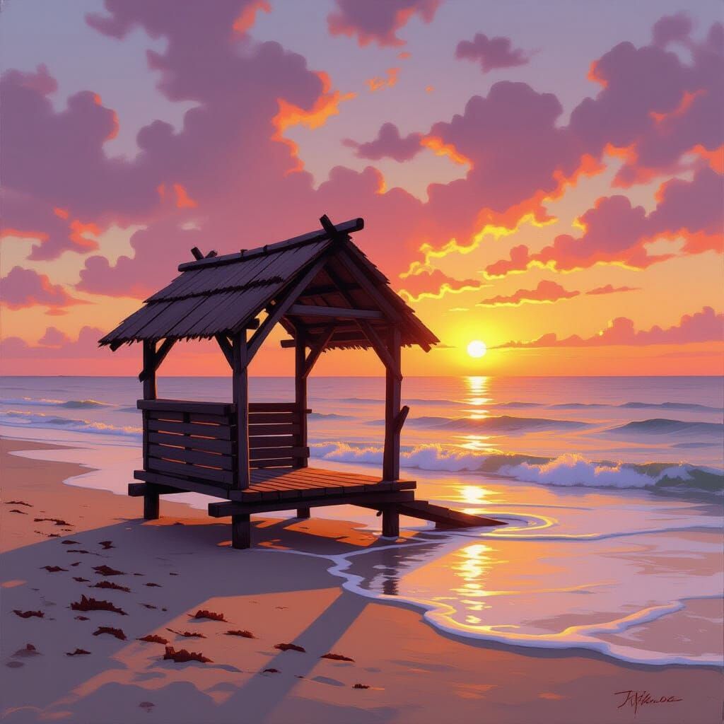 Rustic Driftwood Love Shelter on Beach at Sunset Oil Paintin...