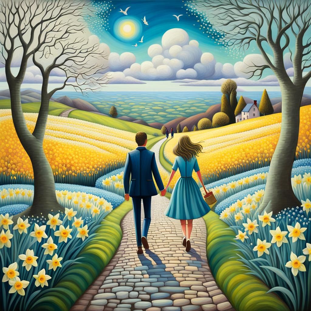 Couple Strolling Through Daffodil Field in Painterly Style