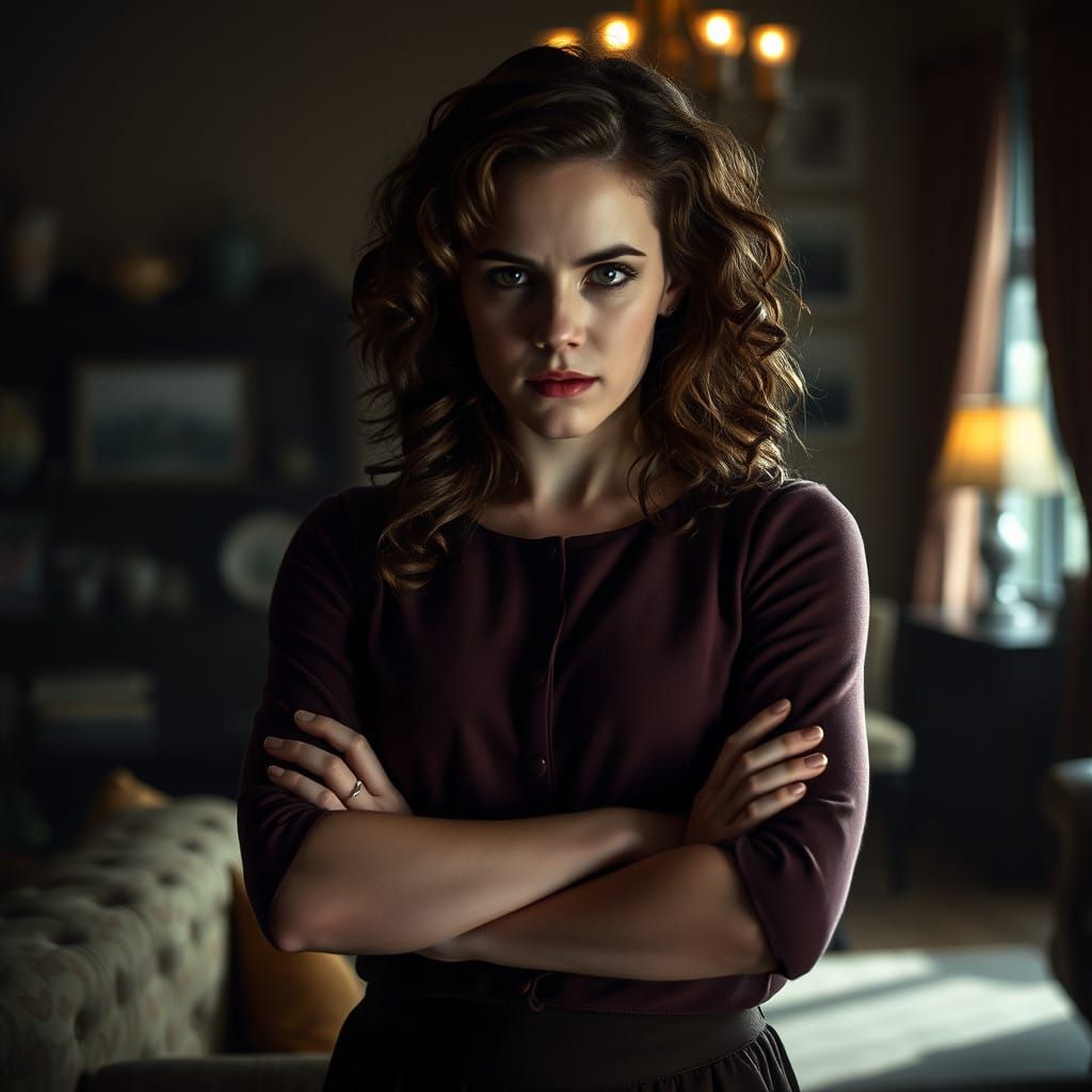 Elegant Hermione Granger in a Moody Vintage Living Room