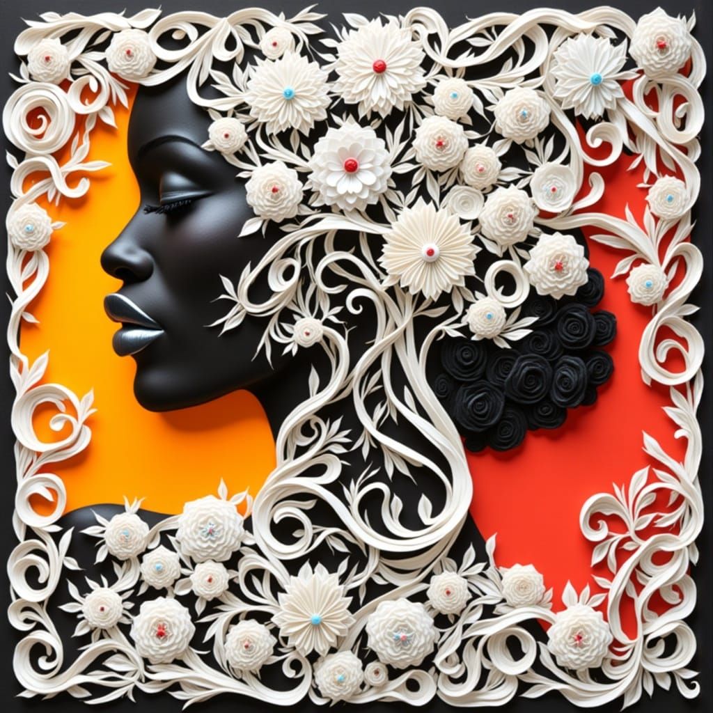 Papercraft Woman in Quilling Style on Red Gradient