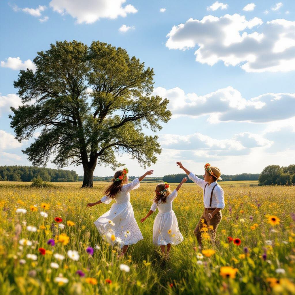 Stained Glass Oak Trees in Meadow with Children