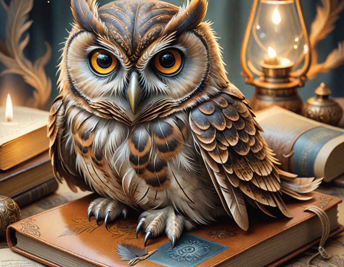 Wise Owl on Book in Detailed Ink Wash Painting