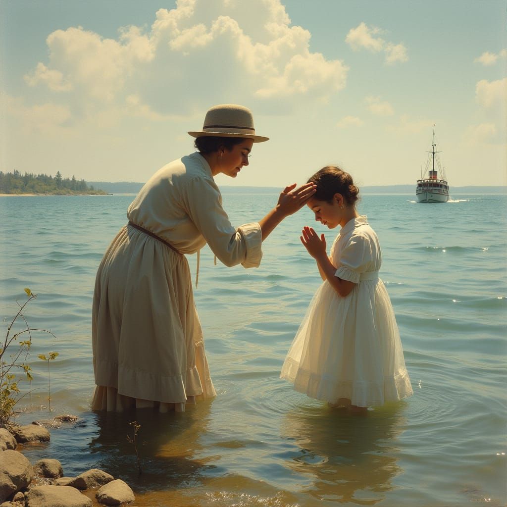 Early 20th Century Lakeshore Baptism Scene in Regionalist St...