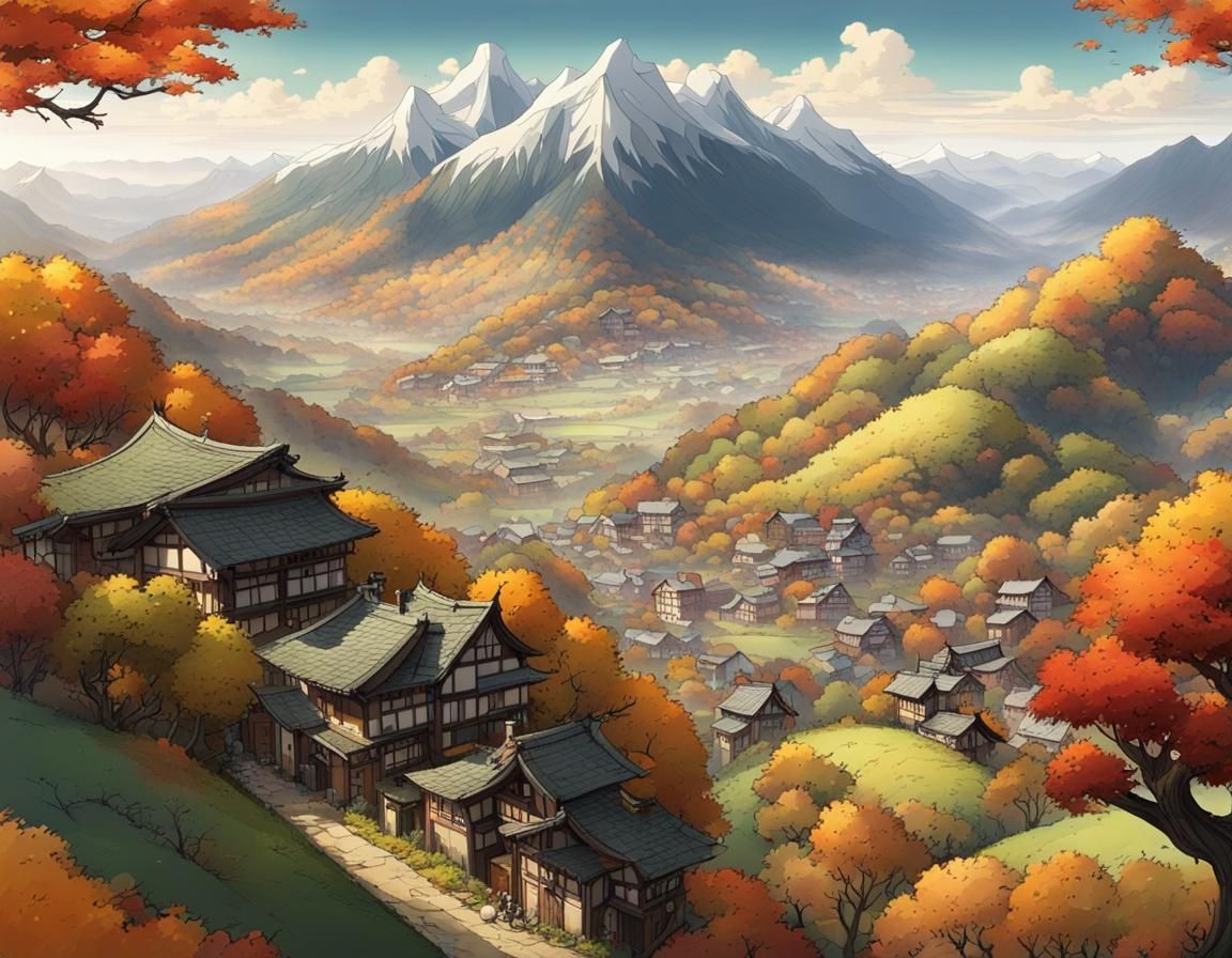 Autumn Valley View Inspired by Japanese Animation