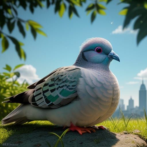 Whimsical Baby Pigeon in Urban Oasis