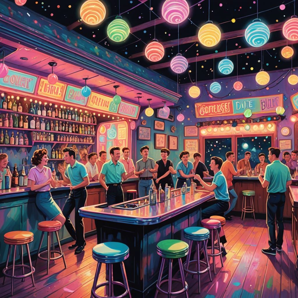 Whimsical 1950s Fairy Dive Bar in Gouache Style
