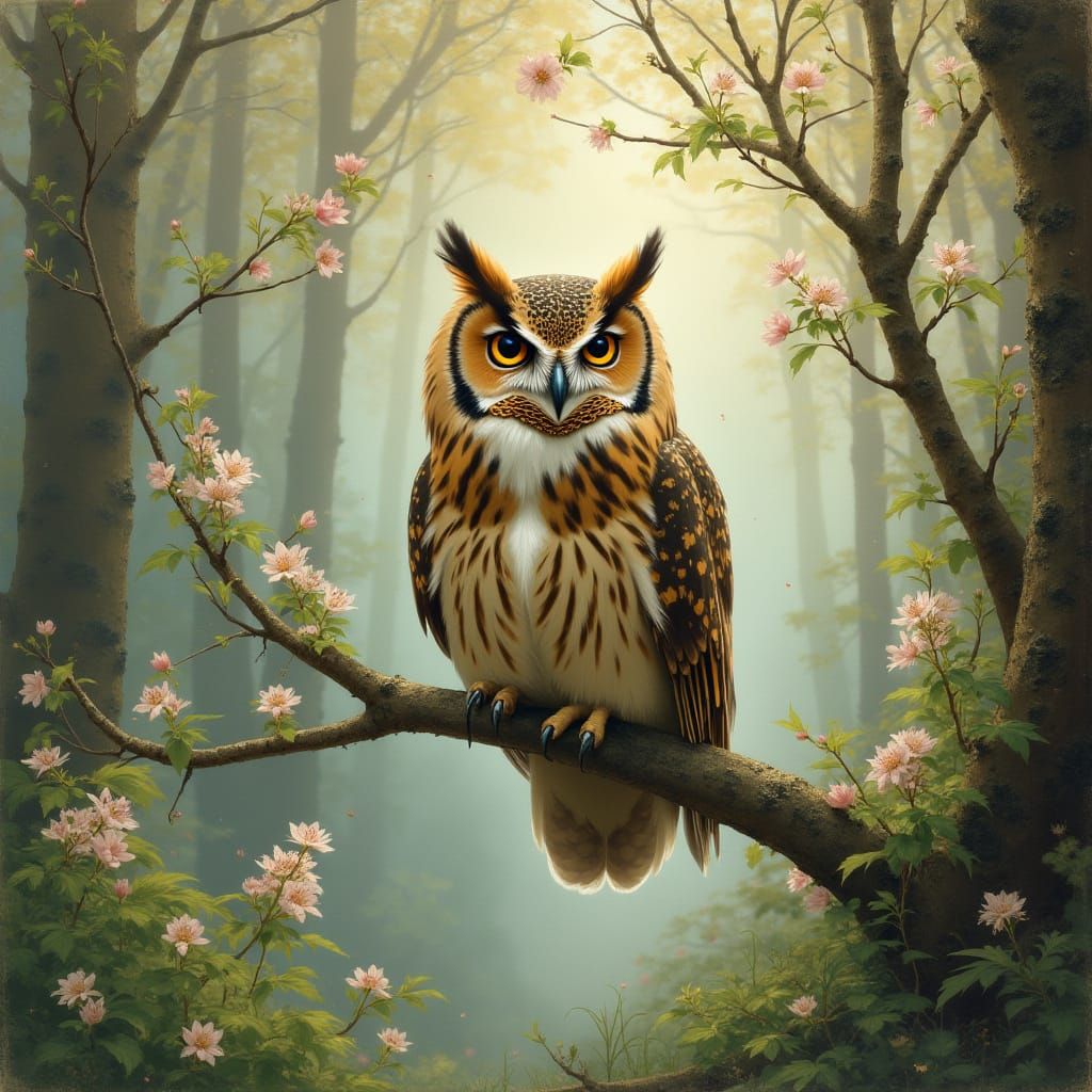 Serene Springtime Owl in Dreamy Realist Style