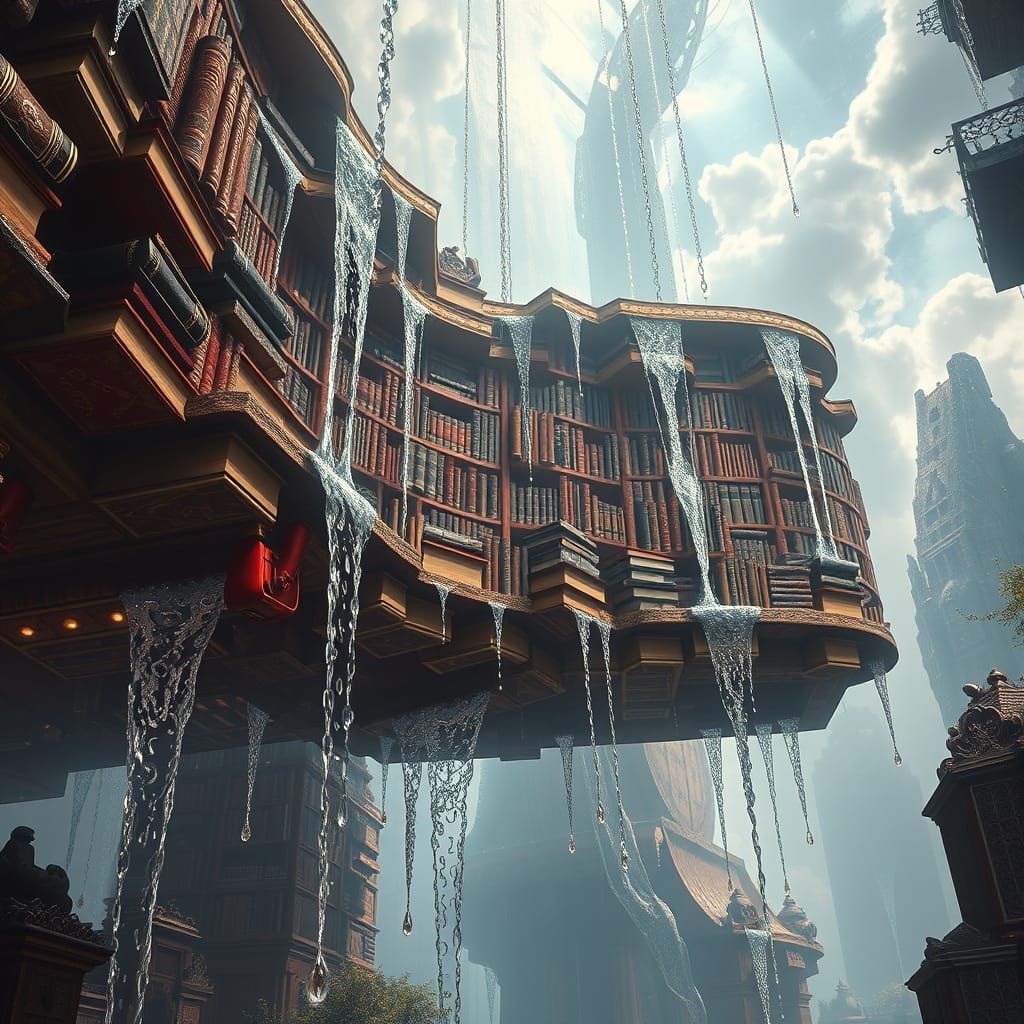 Ethereal Sky Library with Book Waterfalls, Dreamcore Style