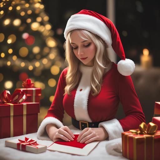 Festive Woman as Santa Claus with Gifts
