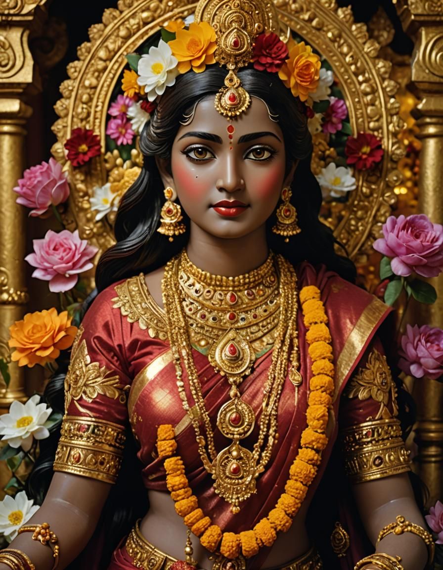 Goddess Lakshmi Statue Portrait with Gold Jewelry